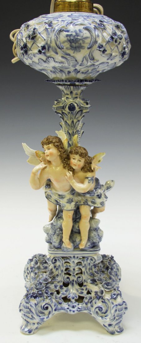 DRESDEN PORCELAIN FIGURAL LAMP: circa late 19th century Height of porcelain- 18 1/4" Condition: Some loss, restoration
