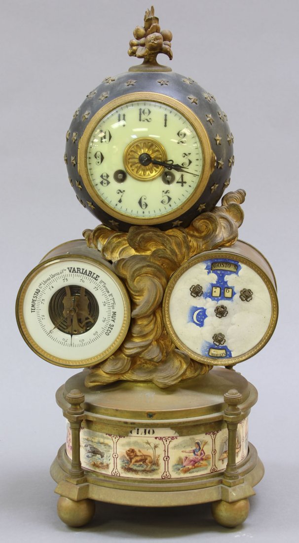 FRENCH ASTRONOMICAL CLOCK: circa late 19th century Height- 16" Condition: Missing pendulum