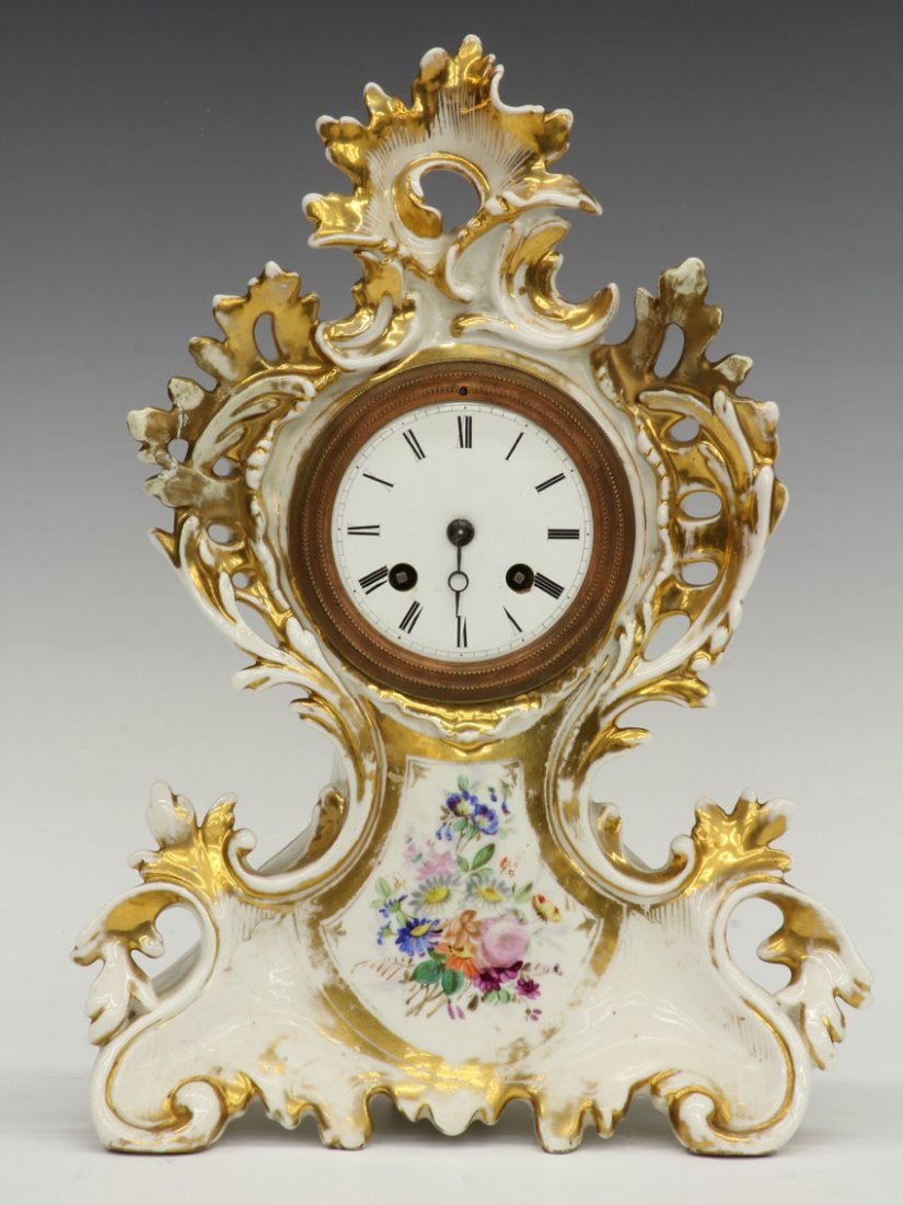 FRENCH PORCELAIN PAINTED CLOCK: Condition: Some paint loss and restoration