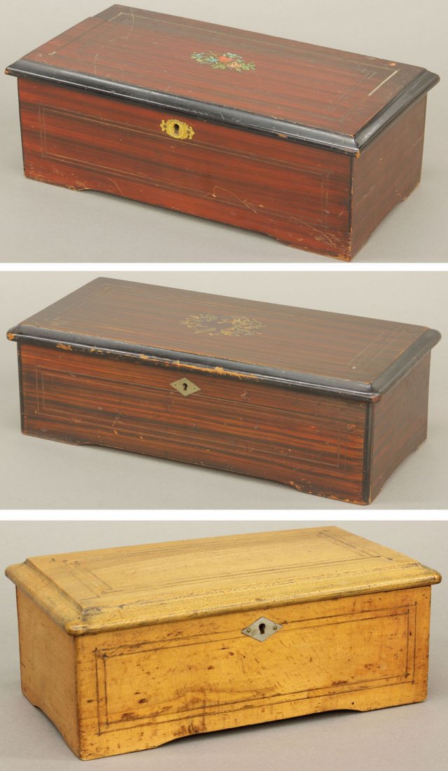 LOT OF (3) SWISS CYLINDER MUSIC BOXES: Overall: 12" - 16" Condition: Separation of wood on one box, finish losses and tooth is broken in one box