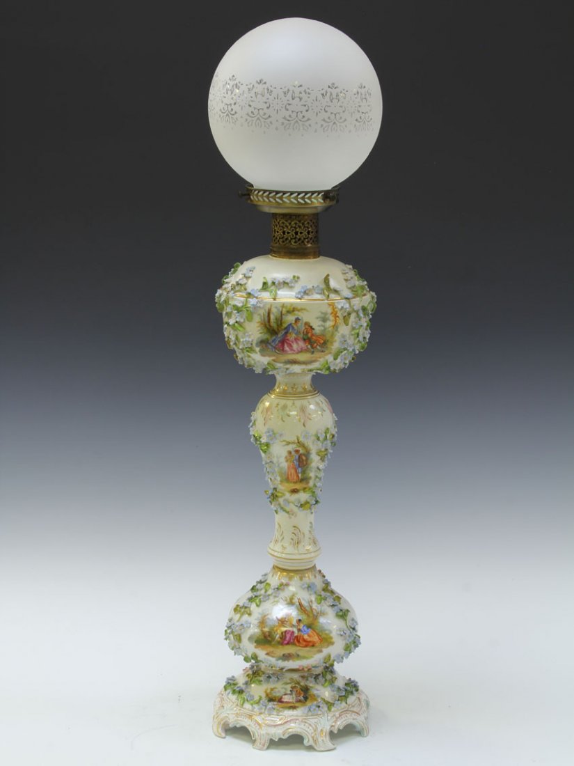 DRESDEN PORCELAIN BANQUET LAMP: Height of porcelain- 22 1/4" Condition: Restoration