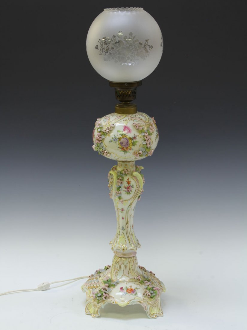 DRESDEN PORCELAIN BANQUET LAMP: with applied flowers Height of porcelain- 20 1/2" Condition: restorations