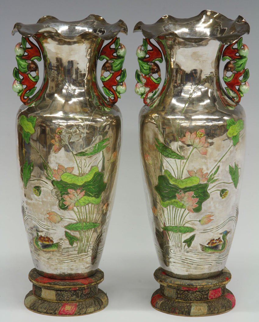 PAIR OF CHINESE SILVER VASES: circa 1900 Height- 7 1/2" weight- 15 troy oz. Condition: dents