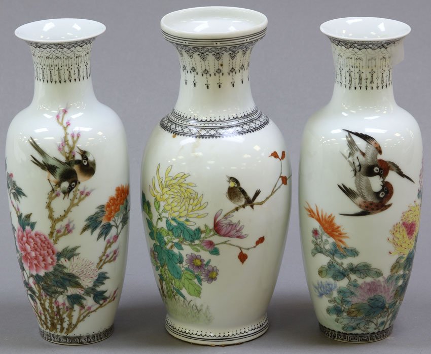 LOT OF (3) CHINESE PORCELAIN VASES: Height- 7 1/2"- 8" Condition: one has hairline crack, chip