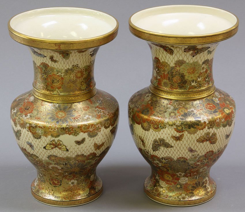 PAIR OF JAPANESE SATSUMA VASES: circa early 20th century Height- 11 1/2"