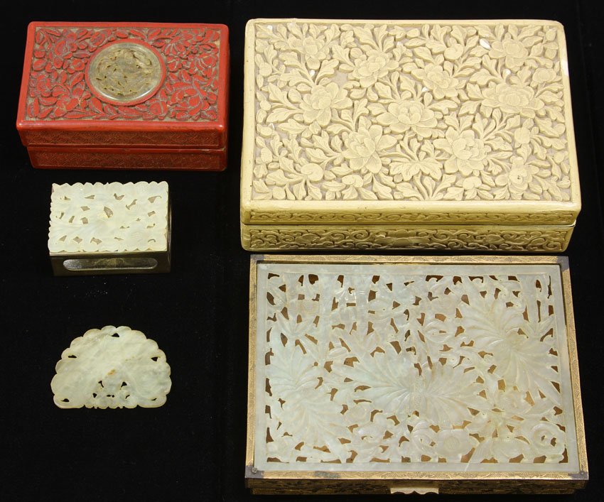 LOT OF (5) PCS CHINESE DECORATIVE: Cinnabar box, gilt metal, carving
