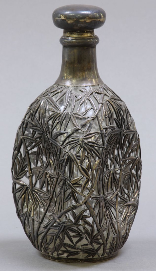 STERLING SILVER OVER GLASS DECANTER: circa 1900 Height- 8 1/2"