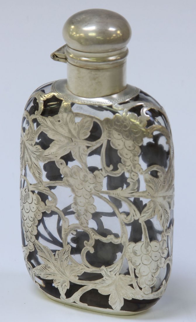 ART NOUVEAU STERLING SILVER OVERLAY BOTTLE: Height- 5"