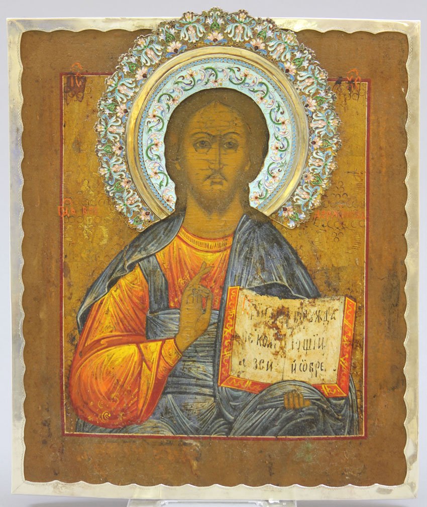 VASILI GRACHEV (1831-1905) RUSSIAN ICON, SET WITH ENAME: VASILI GRACHEV (1831-1905) RUSSIAN ICON, SET WITH ENAMELED SILVER Overall- 12" x 14"