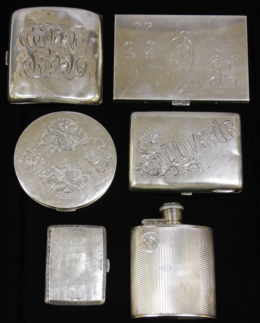 LOT OF (6) VINTAGE SILVER COMPACTS/FLASK: including sterling silver Condition: minor scratches, dings