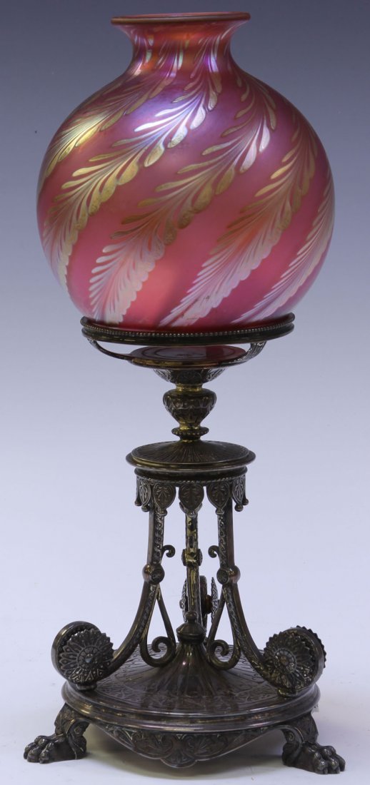 VICTORIAN SILVERPLATE STAND WITH MODERN ART GLASS: Height- 12 1/2"