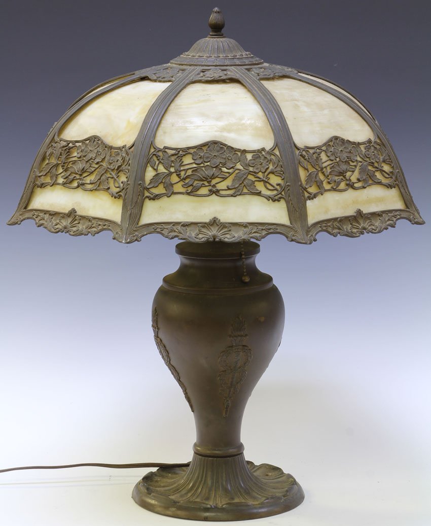 AMERICAN STAINED GLASS PARLOR LAMP: circa early 20th century Diameter of shade- 21"