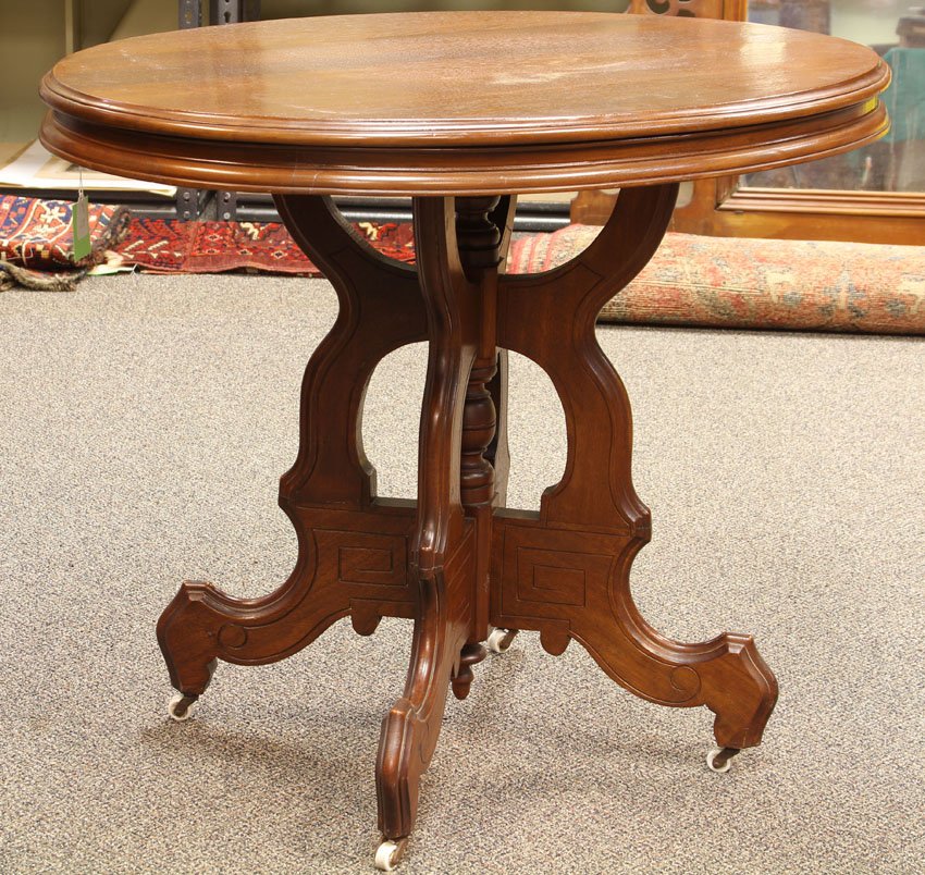 VICTORIAN WALNUT CENTER TABLE: Height- 27 1/2" Condition: refinished