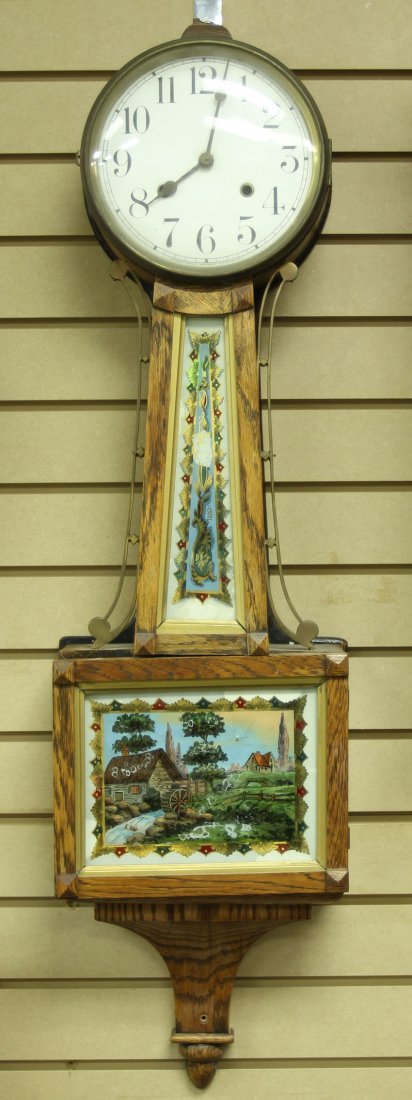 LATE 19TH CENTURY OAK BANJO CLOCK: Length- 38" Condition: refinished, losses