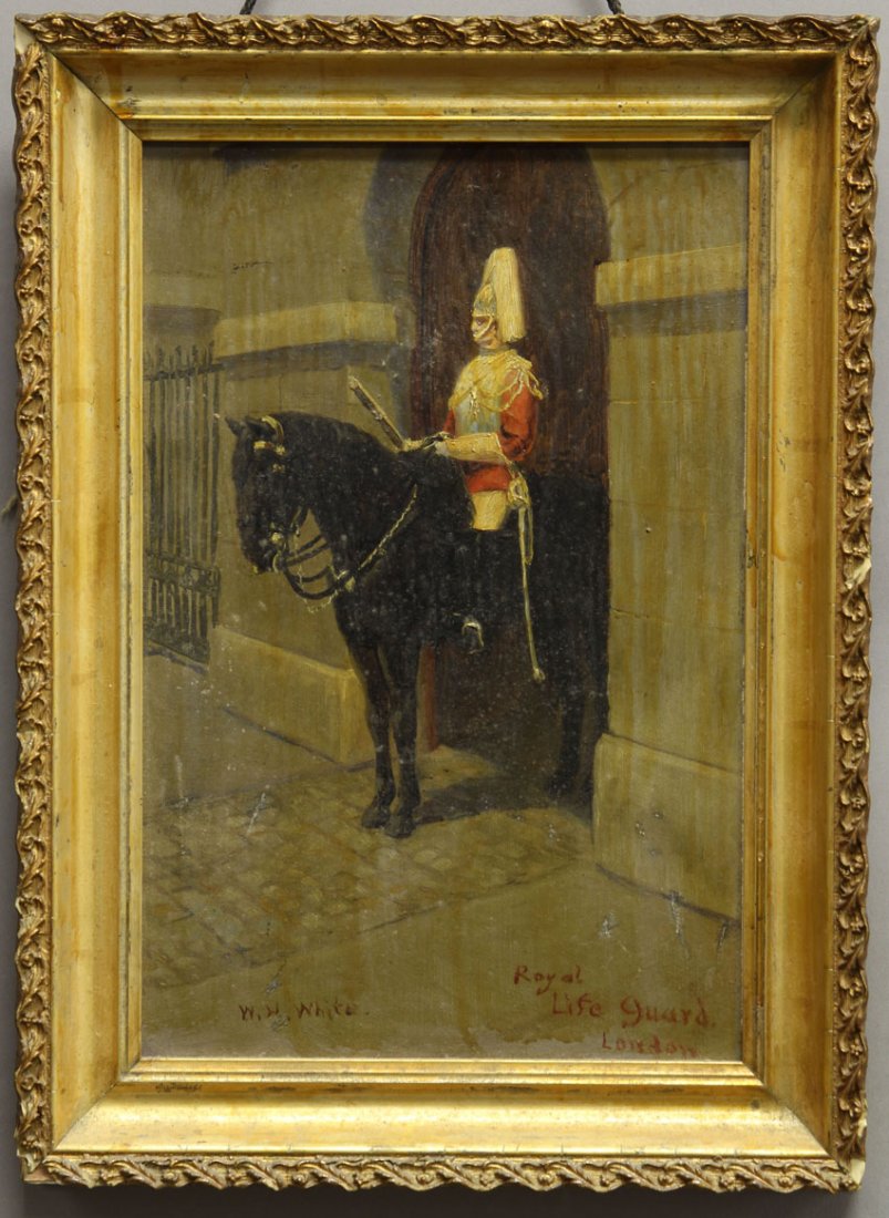 W.H.WHITE, OIL ON BOARD: Guard on horseback Sight- 7 1/2" x 12" Condition: stains on canvas