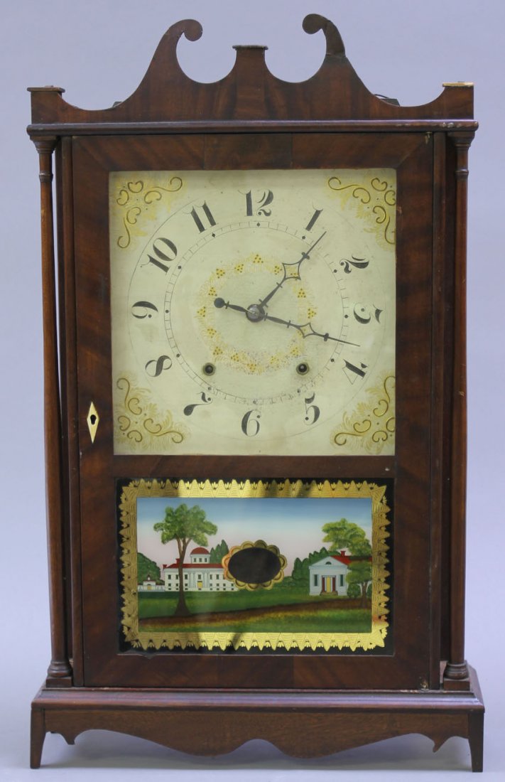 BISHOP AND BRADLEY SHELF CLOCK: circa 19th century Height- 28 1/2" Condition: missing finials, repairs
