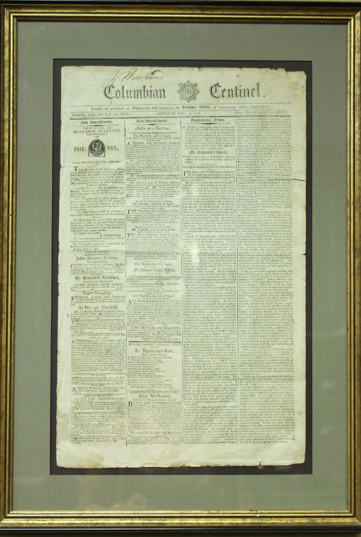 COLUMBIAN CENTINEL, BOSTON 1796- News paper: Sight- 11 3/4" x 18 1/4" Condition: minor tears, rips