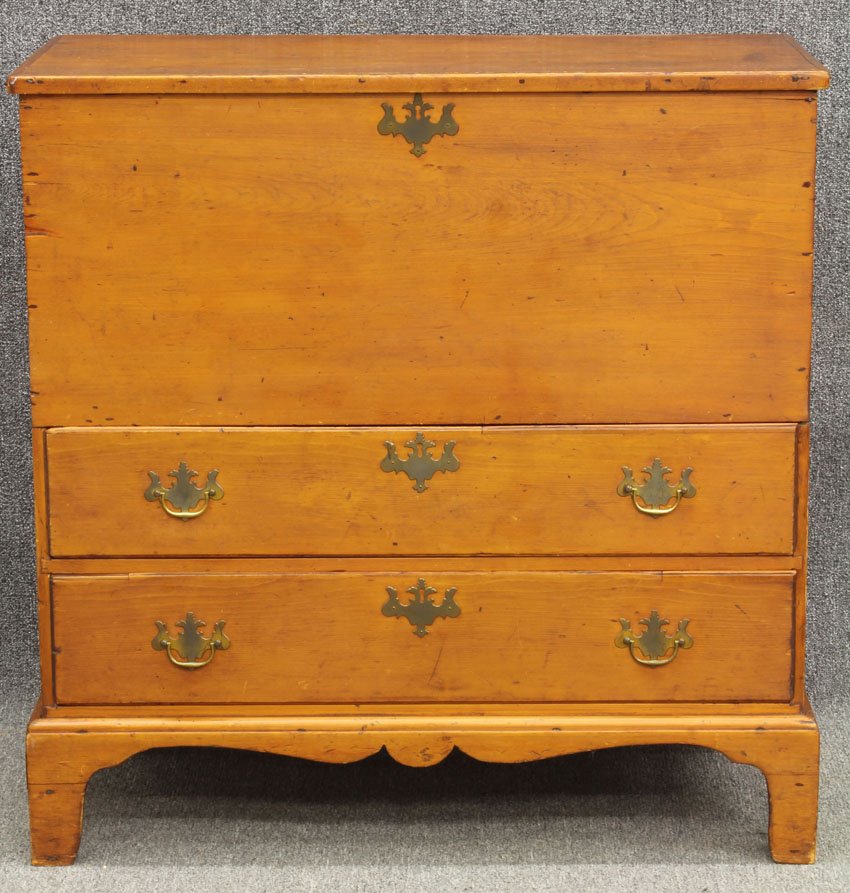 EARLY AMERICAN BLANKET CHEST: with Chippendale bracket feet, repairs Height- 40", width- 40" Condition: hinges off back