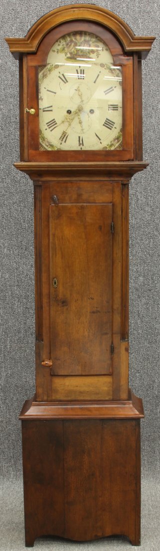 EARLY 19TH CENTURY COUNTRY TALL CASE CLOCK: with painted dial Height- 79 1/4" Condition: repairs, replaced hardware