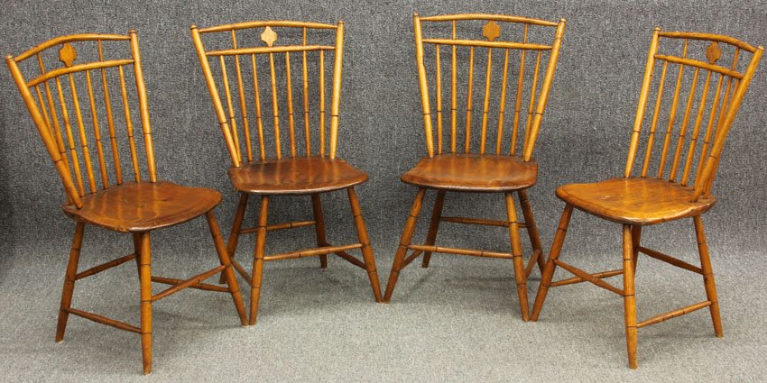 SET OF (4) BIRD CAGE WINDSOR SIDE CHAIRS: circa 1800 Height- 33 1/2" Condition: feet split, refinished