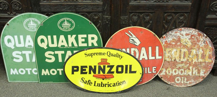 LOT OF (5) EARLY GASOLINE ADVERTISEMENT SIGNS: Condition: scratches