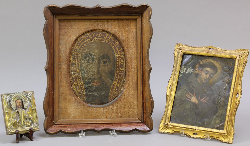 LOT OF (3) 19TH CENTURY RELIGIOUS PAINTINGS: Overall- 4 1/4" x 5 1/2"- 14 1/2" x 17" Condition: losses