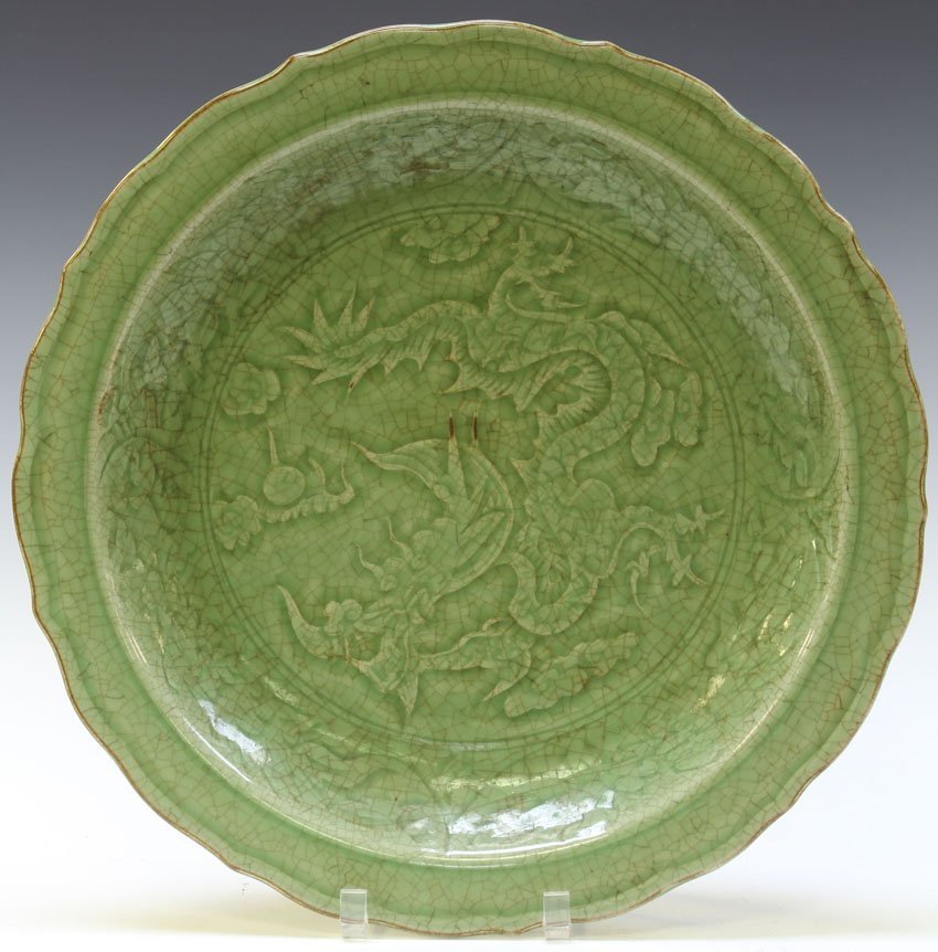 CHINESE CELADON CHARGER with dragon: Diameter- 16"
