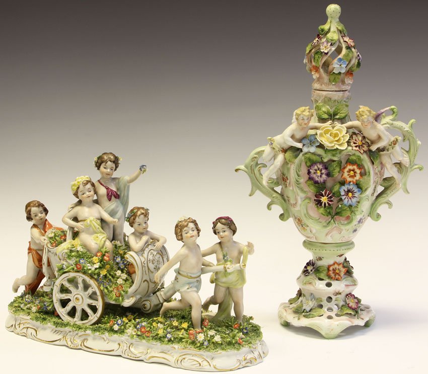 LOT OF (2) DRESDEN FIGURAL PORCELAINS: Cologne bottle, figural statue Height- 7 1/2", 13" Condition: losses