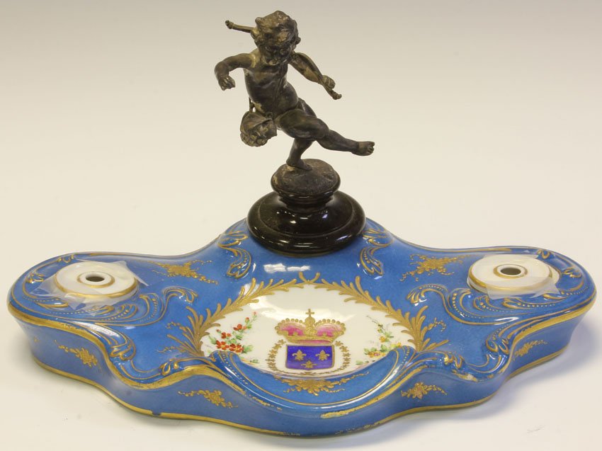 SEVRES PORCELAIN FIGURAL INKWELL: Length- 11 1/4"