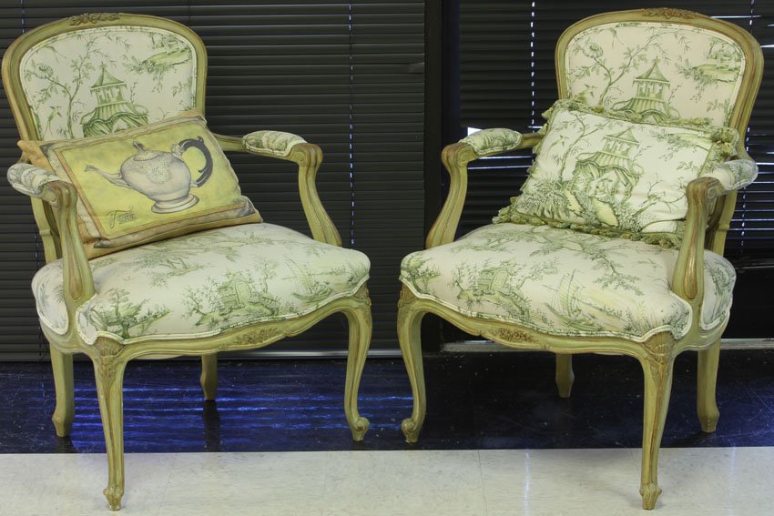 PAIR OF FRENCH PROVINCIAL STYLE ARM CHAIRS: Height- 33" Condition: minor stains on upholstery