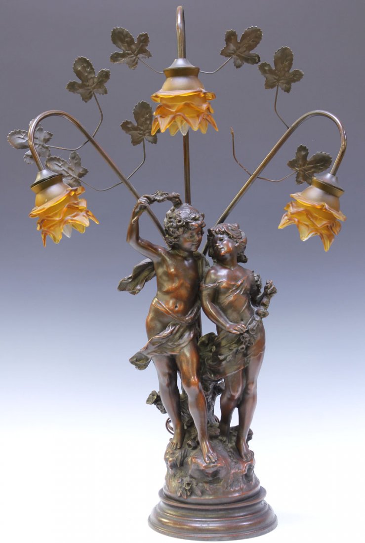 EARLY 20TH CENTURY SPELTER STATUE LAMP: Height- 34" Condition: separation of one leaf
