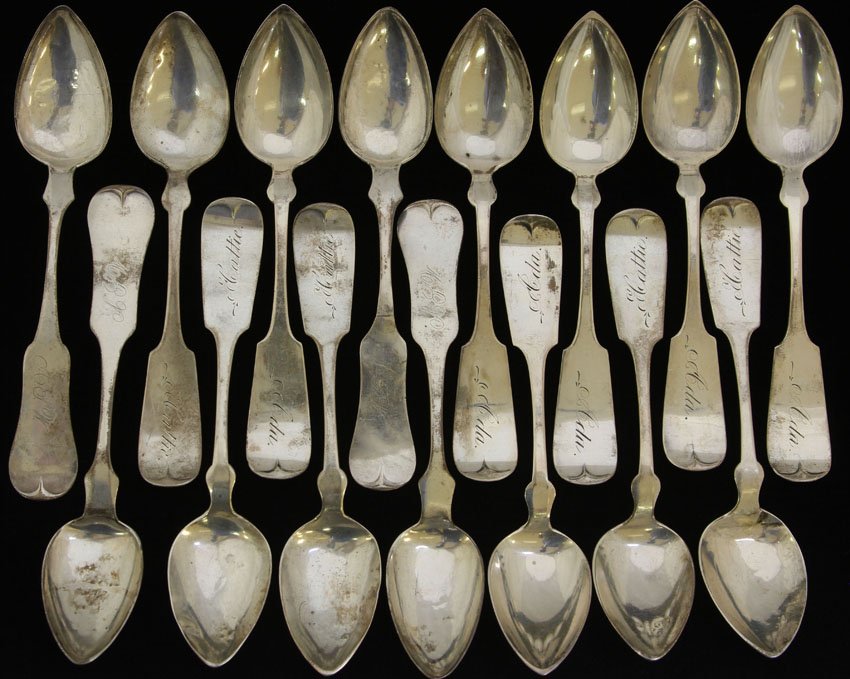 LOT OF (15) STERLING SILVER AND COIN SPOONS: Weight- 7 troy oz. Condition: wear