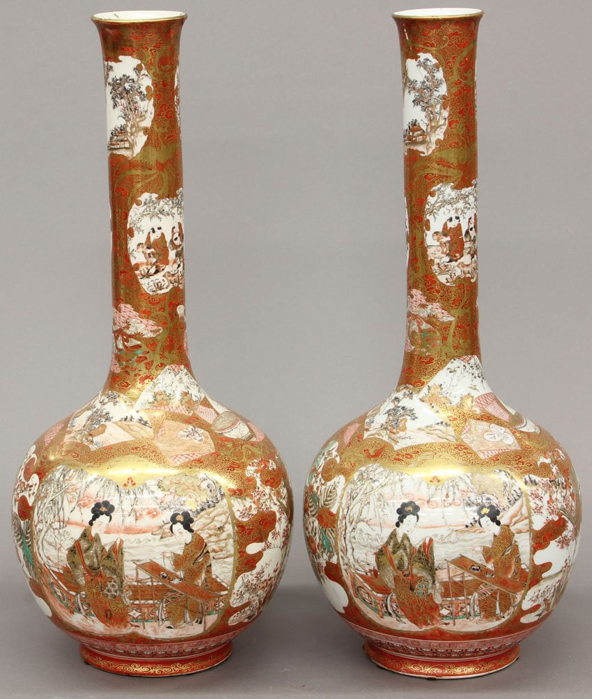 PAIR OF JAPANESE SATSUMA STICK NECK VASES: circa 19th century Height- 22 3/4" Condition: repair around rim