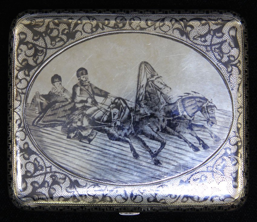 RUSSIAN SILVER COMPACT: circa late 19th century Weight- 137 grams Overall- 3 5/8" x 3 1/8"