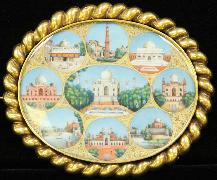 FINE PAINTED BROOCH WITH GOLD MOUNT: Test- 14KT Length- 3 1/2" Weight- 66 grams