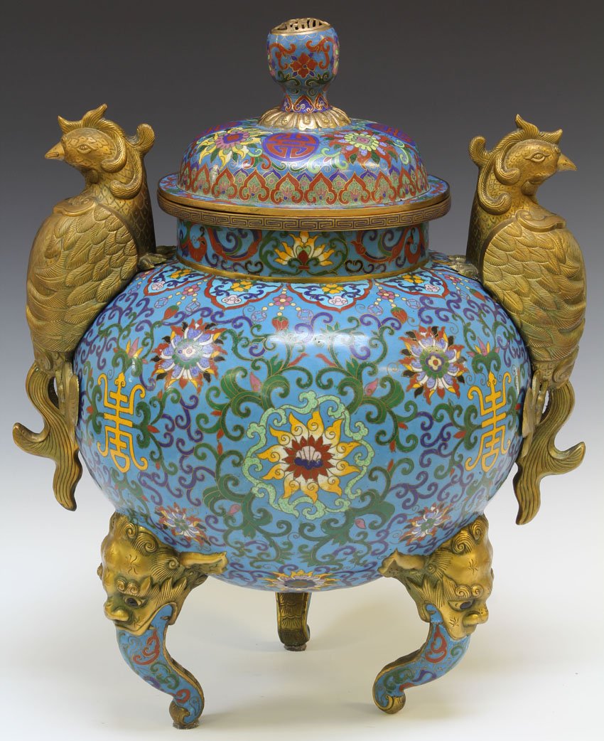 CHINESE BLUE CLOISONNE CENSER: circa early 20th century Height- 19 1/2"