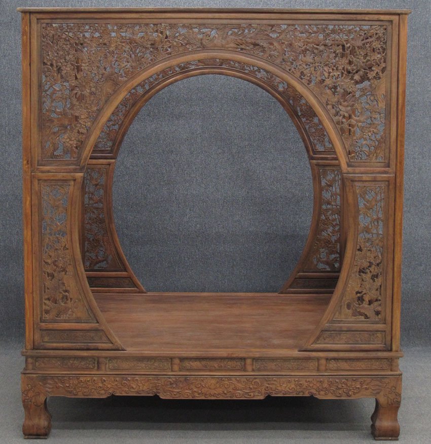 CHINESE CARVED WEDDING BED: Height- 93", width- 82 1/2", depth- 71"