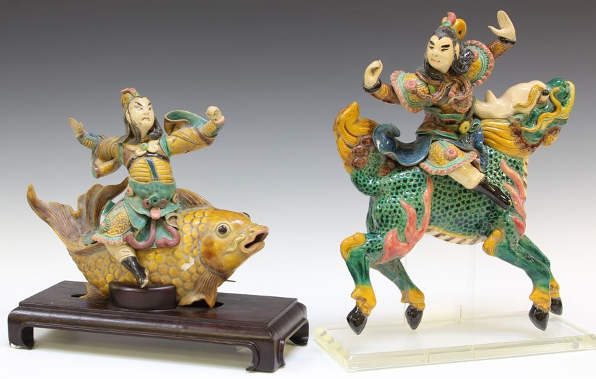 LOT OF (2) CHINESE FIGURAL ROOF TILES: with gilt metal base, carved jade Height of figure only- 8" Condition: chips and repaired arm