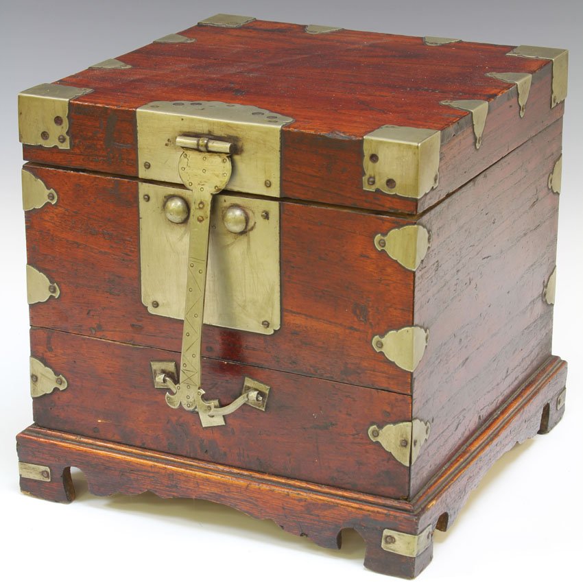 CHINESE METAL BANDED DRESSER BOX: Height- 10 1/4"