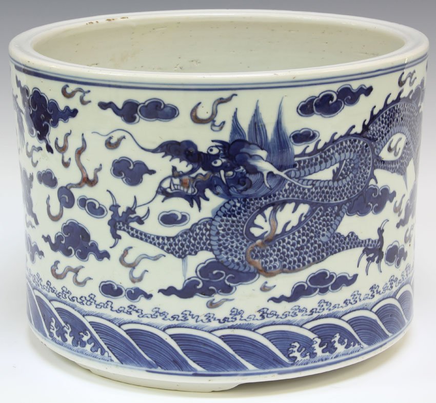 CHINESE BLUE AND WHITE PORCELAIN POT: Width- 10 1/2" Condition: wear to rim, chip on foot