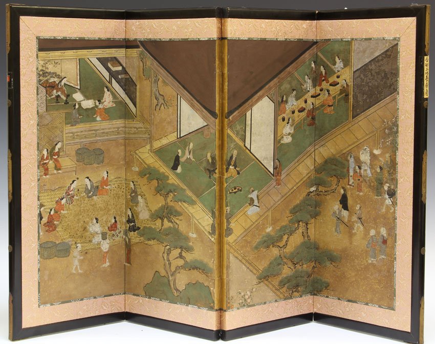 JAPANESE PAINTED FOUR PANEL SCREEN: circa 19th century Overall- 18 5/8" x 30 5/8"
