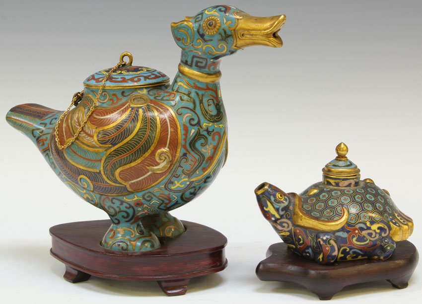 LOT OF (2) CHINESE CLOISONNE FIGURAL VESSELS: Duck and Turtle with stands Length- 4 3/4", 9"