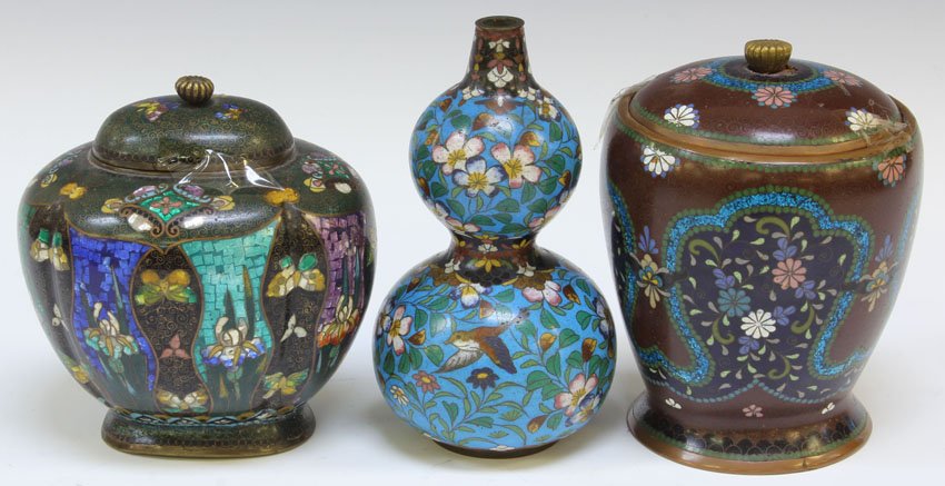 LOT OF (3) CHINESE CLOISONNE ITEMS: covered boxes, vase Height- 5 1/2" - 6 1/4" Condition: some damage on base, crack on cloisonne