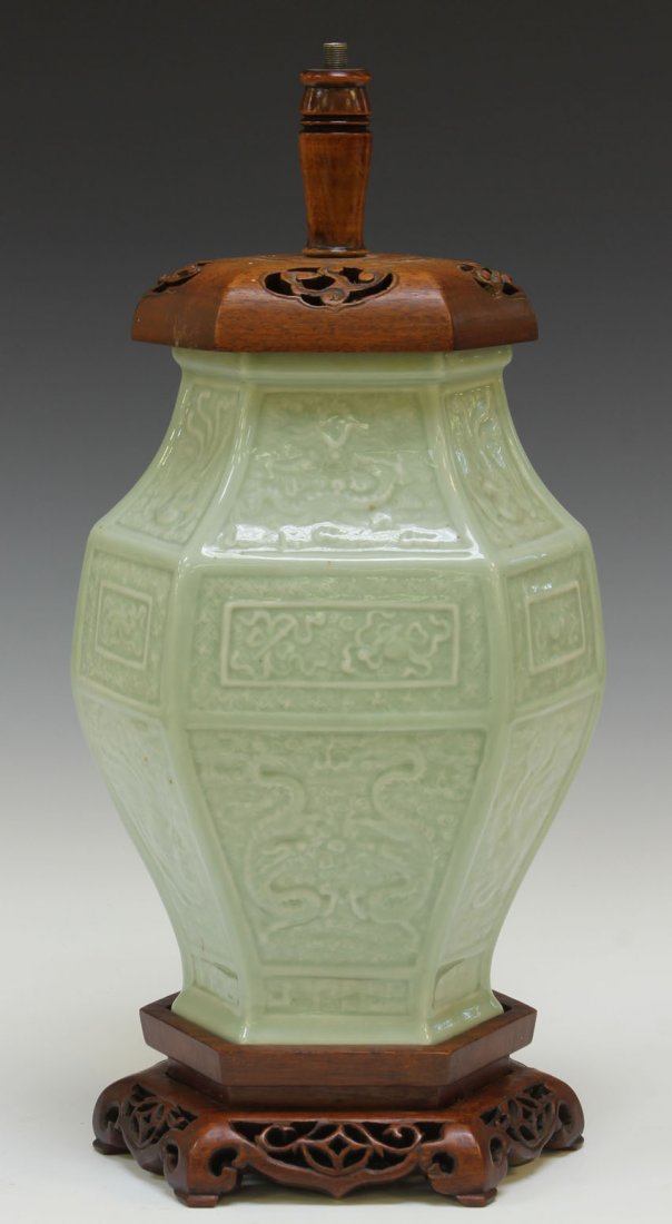 VINTAGE CHINESE CELADON PORCELAIN VASE: converted/drilled into lamp Height- 11 1/2"