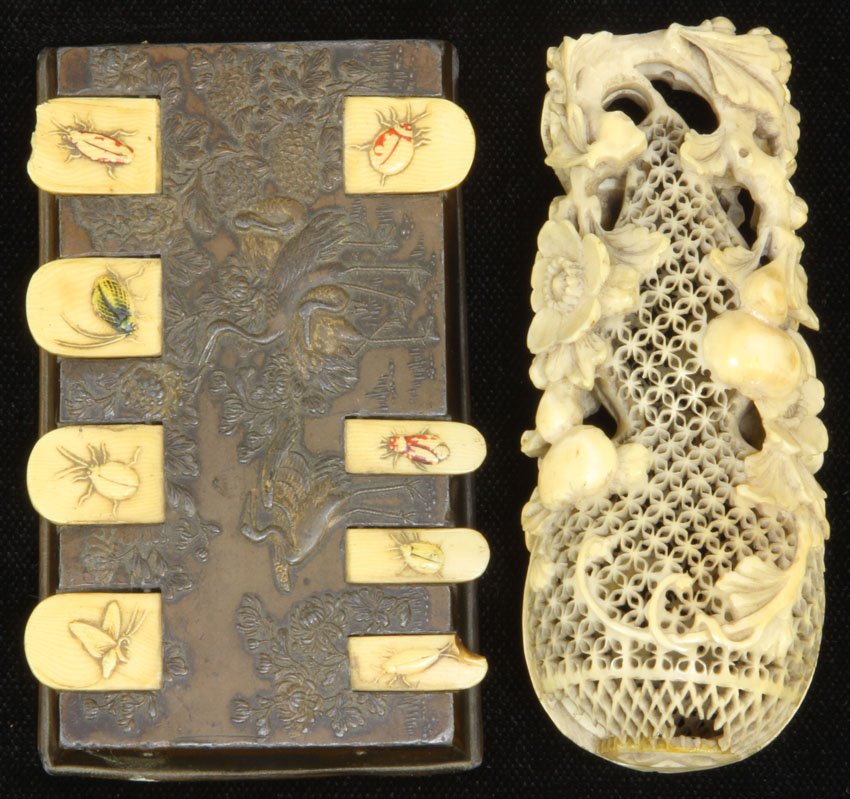 LOT OF (2) ASIAN ITEMS: Japanese bronze counter, Chinese cricket cage Length- 3 3/4", 4" Condition: losses on cricket cage