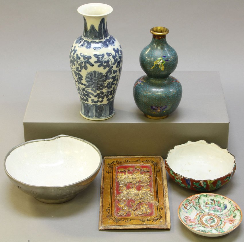 LOT OF (7) ASIAN DECORATIVE: wood panel, pewter low bowl, porcelain bowls, cloisonne Condition: chips, dent