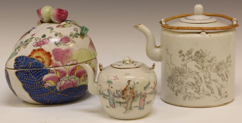 LOT OF (3) EARLY 20TH CENTURY CHINESE PORCELAIN: Teapots, covered box Height- 3 1/2" - 6 1/2"