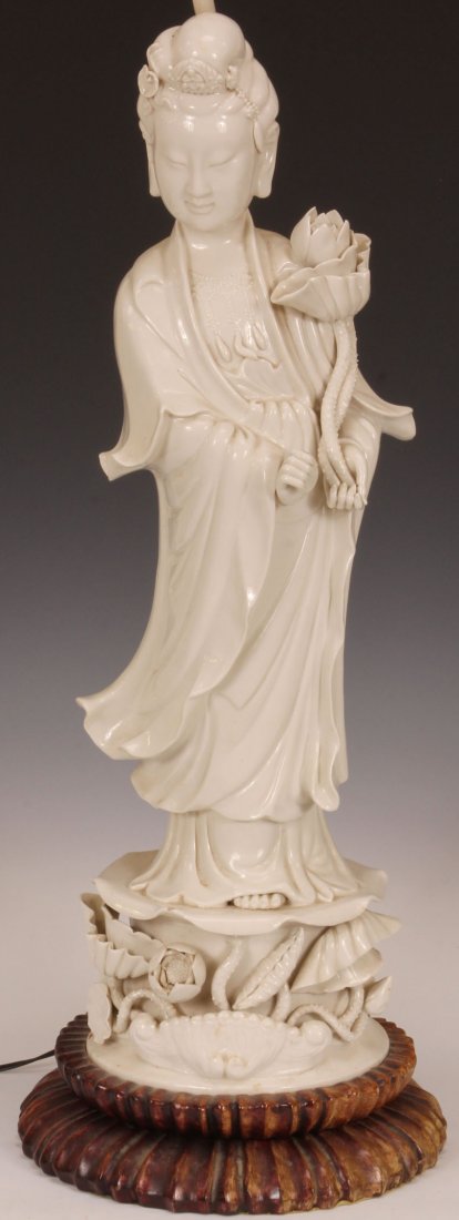 CHINESE BLANC DE CHEIN PORCELAIN FIGURE: CHINESE BLANC DE CHEIN PORCELAIN FIGURE made into lamp Height- 24 3/4" Condition: chips and cracks