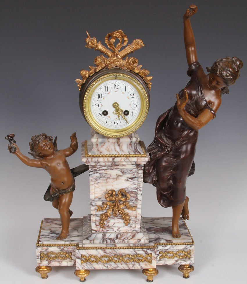 LOUIS XV STYLE FIGURAL CLOCK: circa late 19th century Height- 20 1/4"