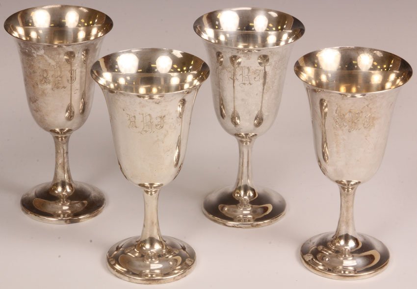 SET OF (4) STERLING SILVER GOBLETS: Weight- 17 troy oz. Height- 6 1/2" Note- Monogrammed